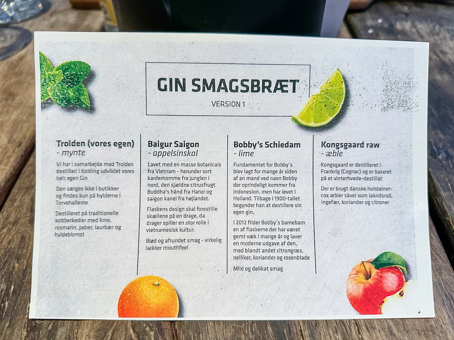 Til smagsbrættet kom en beskrivelse af hver gin, så man kunne blive klogere. 