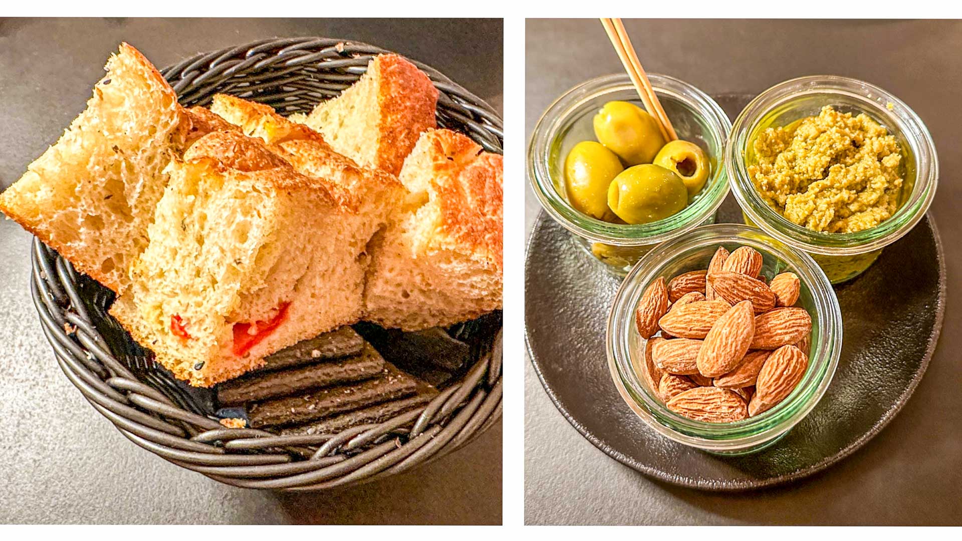 Brød, oliven og mandler til tapasanretningen hos Unoden.